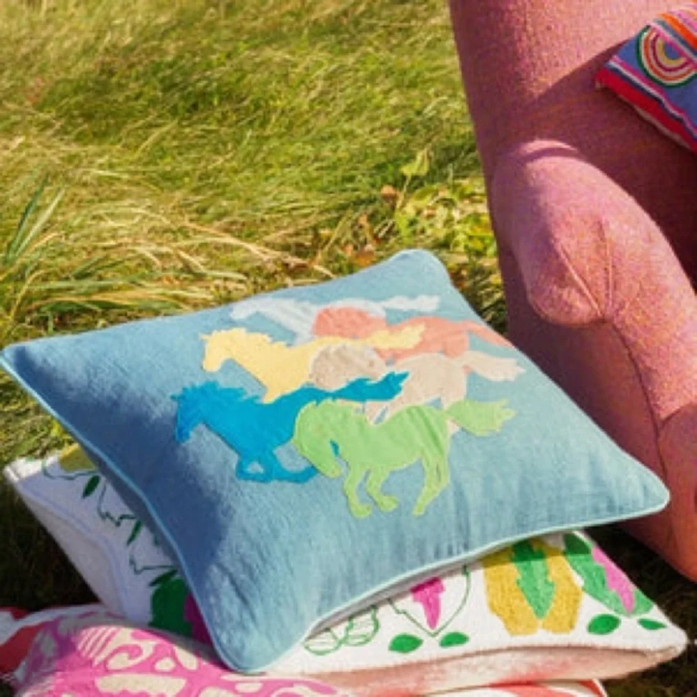 ANNIE SELKE Kit Kemp The Drift Applique Delft Horse Lumbar Pillow Pine Cone Hill